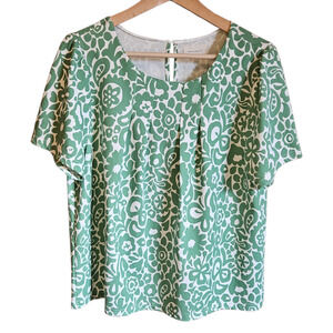 Mellóday Women’s Green Floral Short Sleeve Pleated Blouse Sage White Large